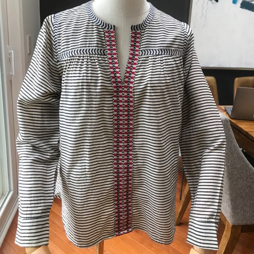 J. Crew Black Striped Embroidered Long Sleeve Tunic Neck Blouse Women Size 2